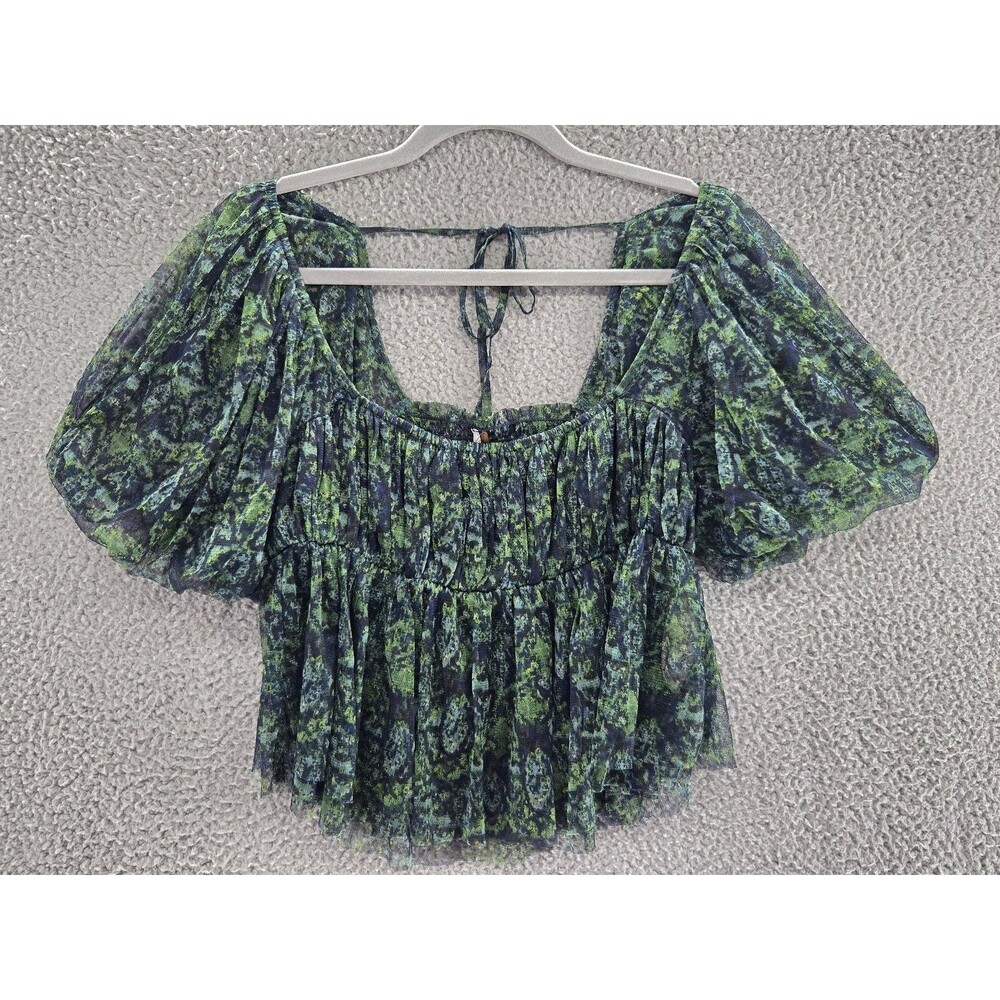 Free People Women's Top Medium Penelope Green Puff Sleeve Mesh Fairy Babydoll